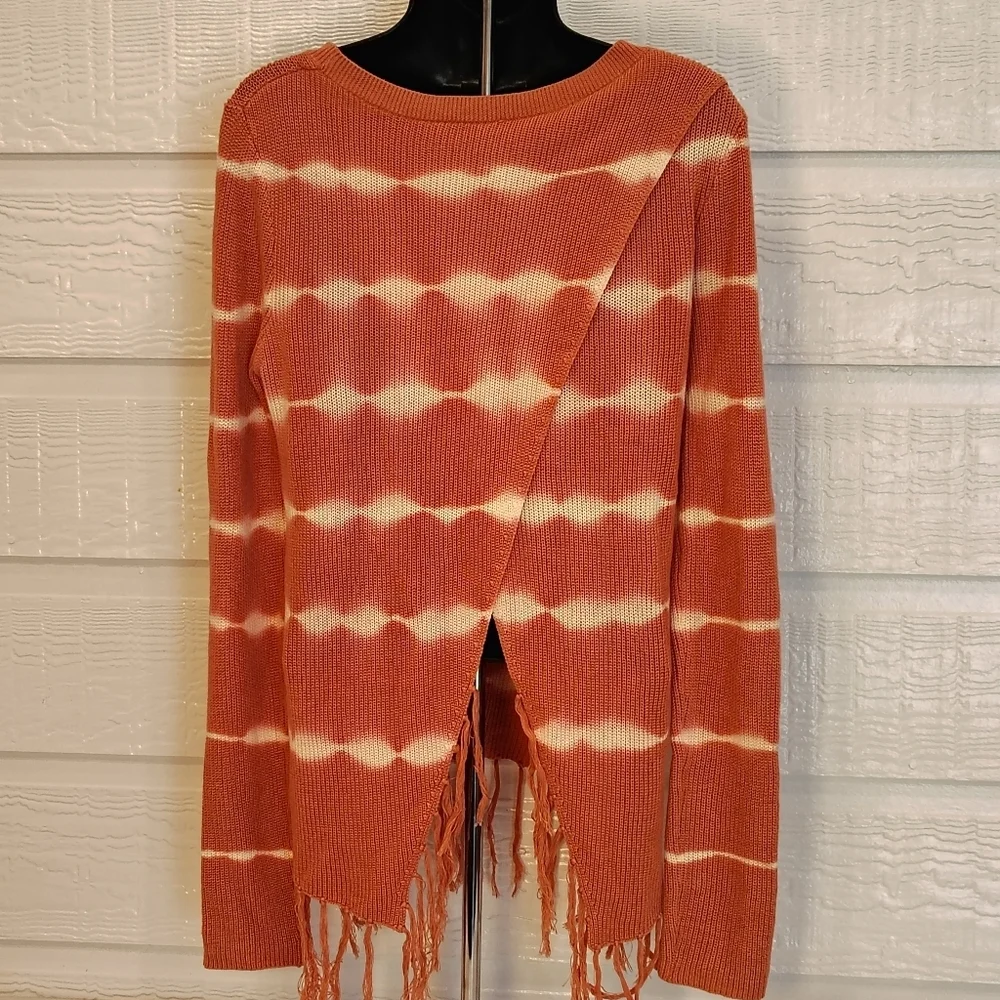 Small  Tie-Dye Pink Striped Split Back Fringe Knit Sweater Boho Fall Winter Cozy - Picture 4 of 10
